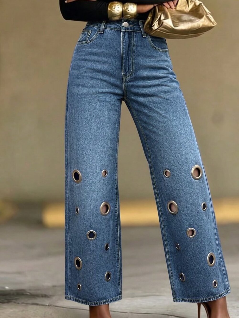 Blue Casual Women's Denim Grommet Straight Leg Jeans